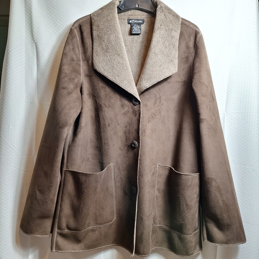 E STUDIO Faux Suede Jacket Coat Sz L Chocolate Brown Fleece Lined Ultra Soft EUC